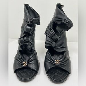 Chanel Ruched Open Toe Leather Camellia Booties Black